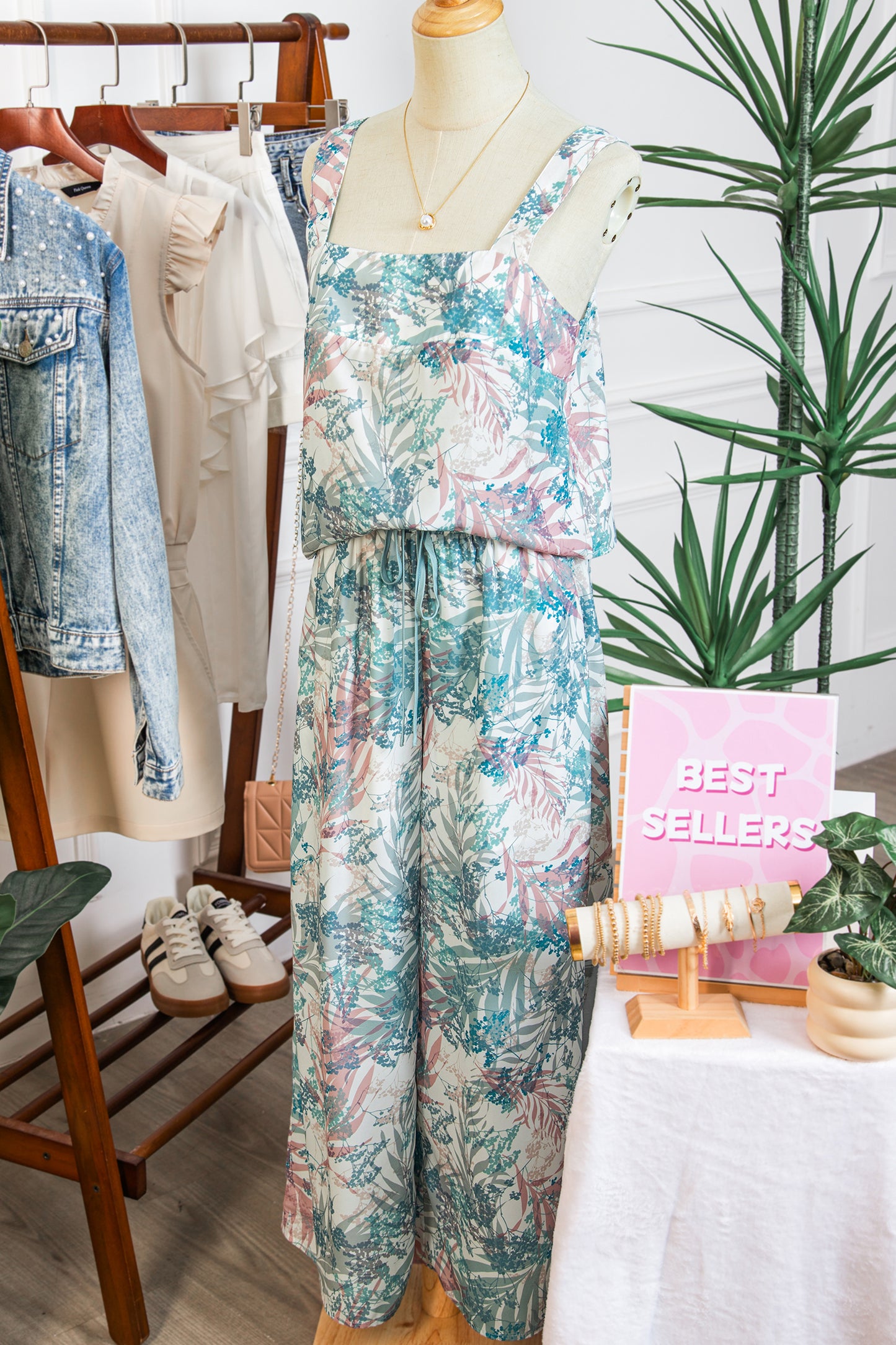 Green Tropical Palm Printed Cropped Tank Drawstring Wide Leg Pant Set