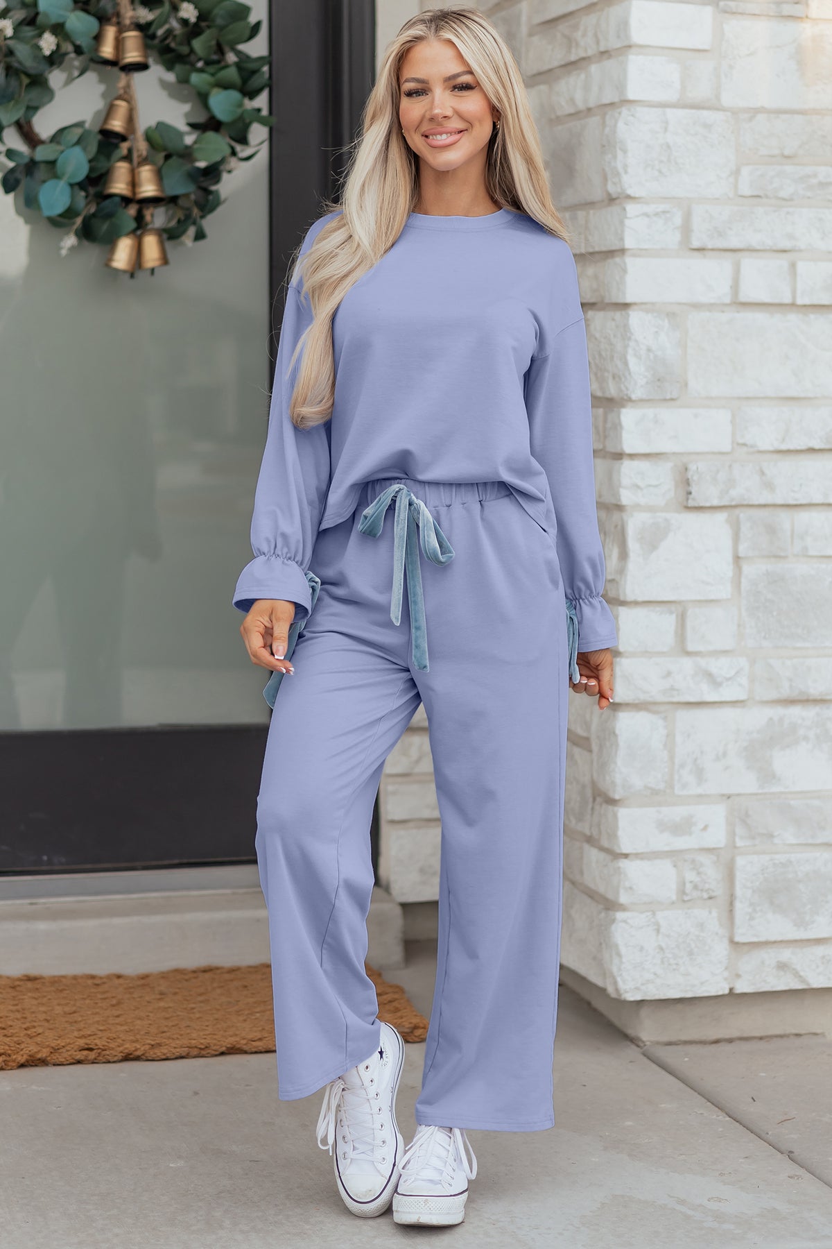 Beau Blue Flounce Long Sleeve Top Drawstring Pants Contrast Velvet Bow Knot 2pcs Lounge Set
