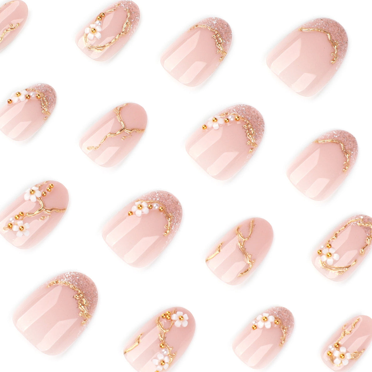 Soft Pink Floral Almond Nails with Gold Details – Image 3