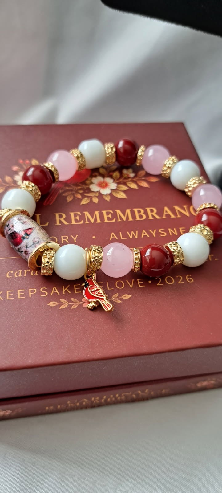 Cardinal Bird Beaded Bracelet, Red White Pink Natural Stone Stretch Bracelet with Cardinal Charm, Messenger of Love Sympathy Memorial Jewelry Gift