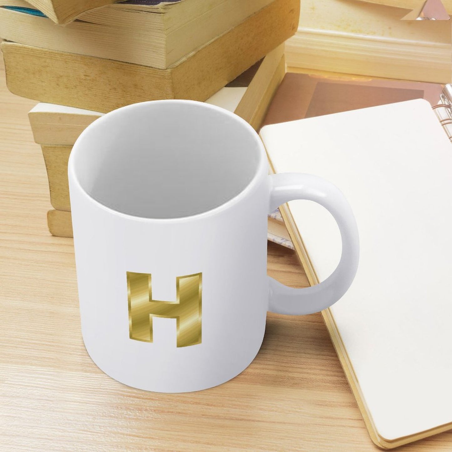 14oz White Ceramic Mug with Handle - Letter H