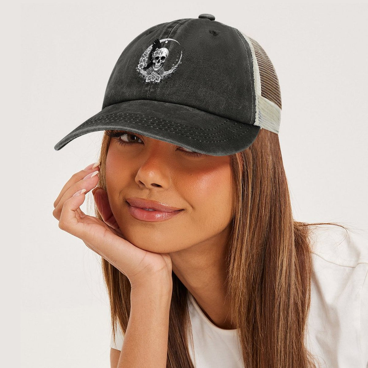 Cotton Trucker Hat for Casual Style - Skull and Roses