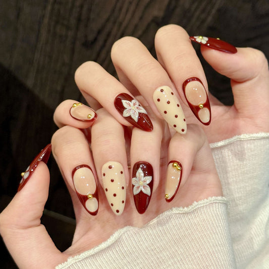 365nails: "Retro Cherry Blossom" – 3D Floral Polka Dot Handmade Almond Nails – Image 2