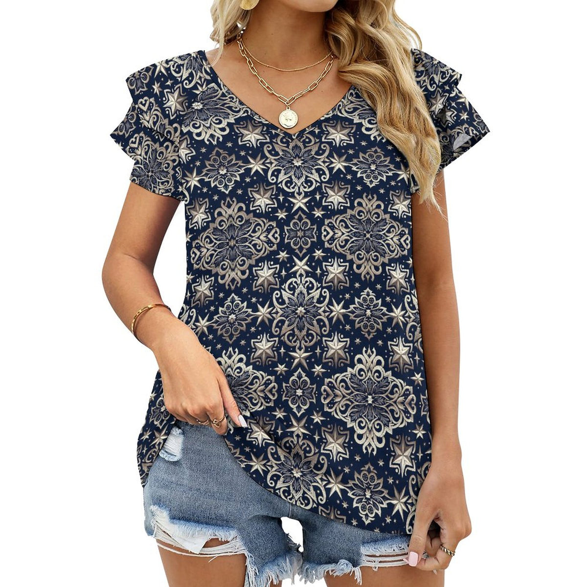 Cooling Polyester Ruffle V-Neck T-Shirt