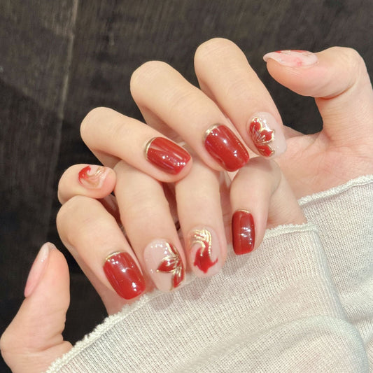 Red Gold Phoenix Inspired Elegant Press On Nails – Image 2