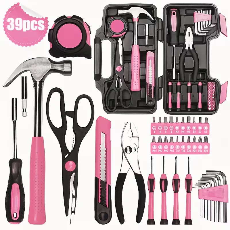 The 39pcs Pink Tool Kit is a versatile collection of hand tools perfect for any home or workshop.