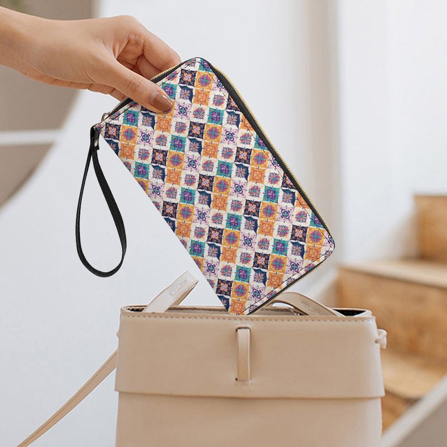 Leather Wallet with Wristlet Strap (2 Pictures on 2 Sides)