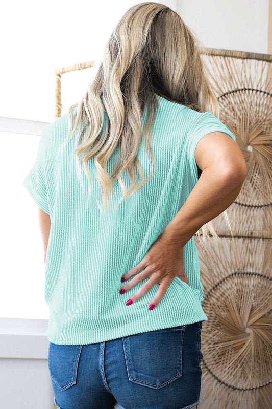 Light Blue Corded Knit Color Block Pocketed Crew Neck T Shirt