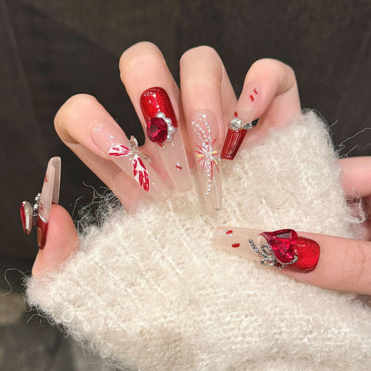 365nails: "Crimson Blossom" – Hand-Painted Floral & Gemstone Accents Press-On Nails Coffin Nails – Image 2