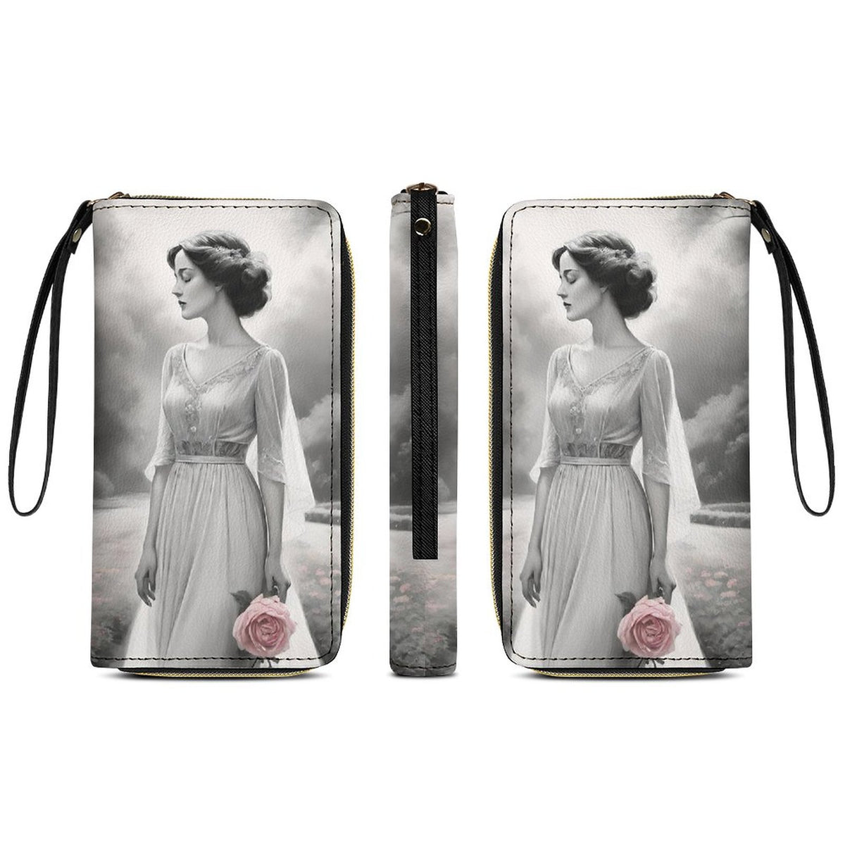 Leather Wallet with Wristlet Strap (2 Pictures on 2 Sides)