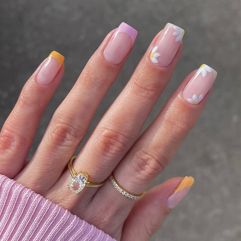 press on nails, French yellow purple edge flower removable manicure nails patch wholesale fake nails nails piece 365nails