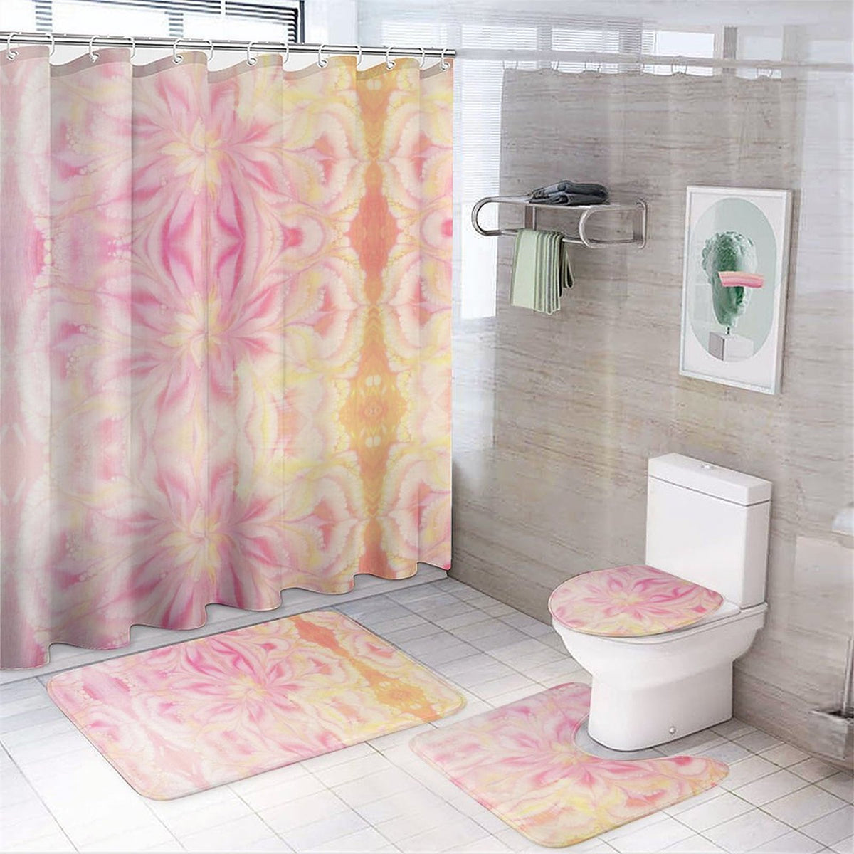 Shower Curtain Set with 3 Rugs