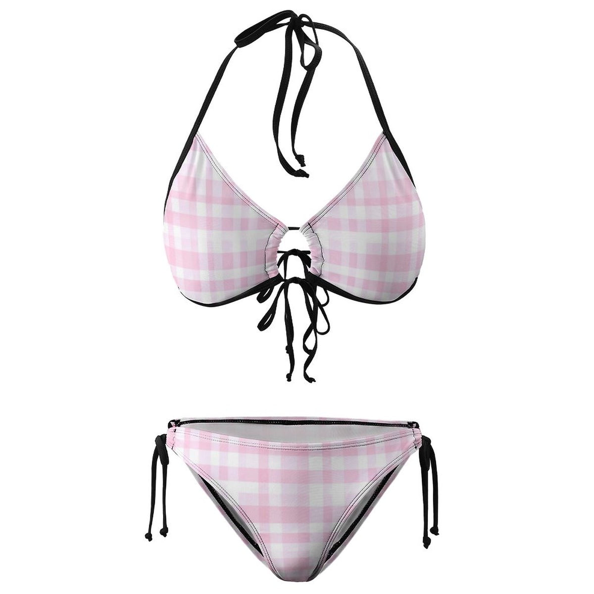 Halter Tie Front Bikini Set Pink Plaid