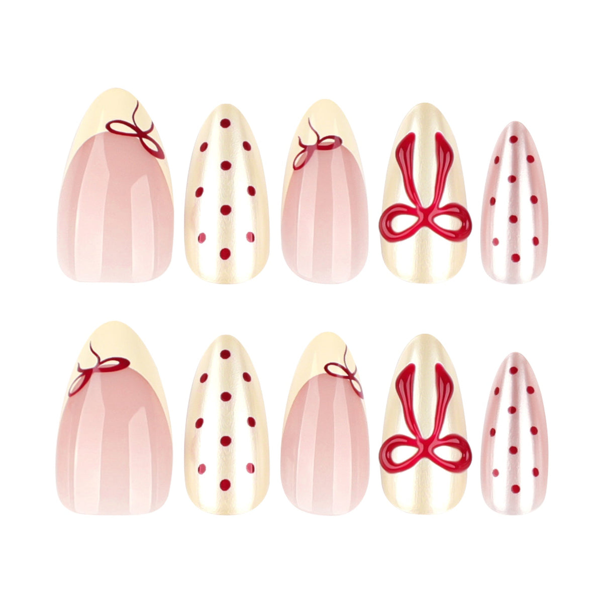 "Cream & Red Bow Polka" - Precision Crafted Press-On Nails – Image 5