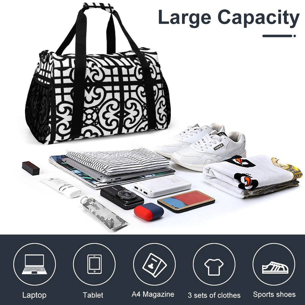 Travel Duffel Bag Black and White