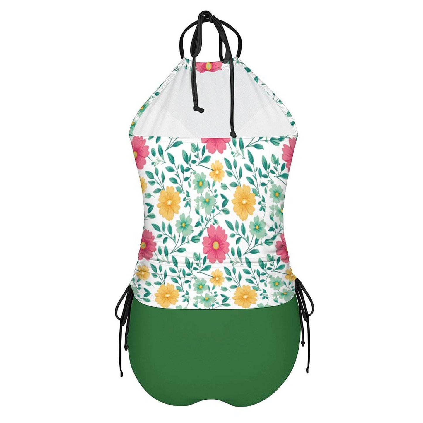 2-Piece Women's Tankini Set with High Neck Halter Top Green with Flowers
