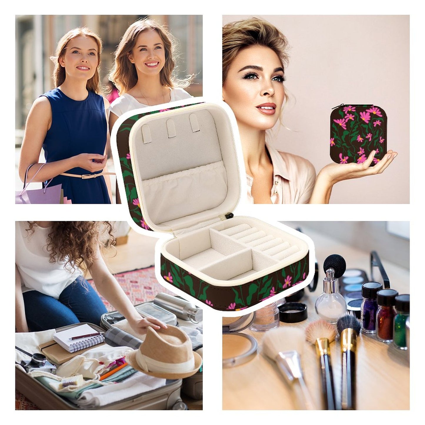 Box Organizer for Jewelry Black with Pink flowers