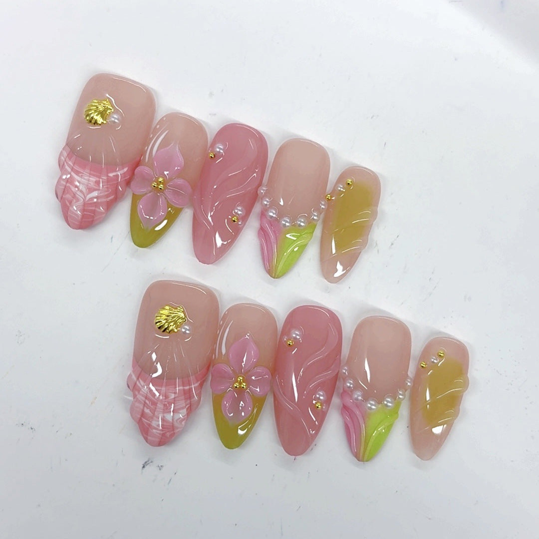 Mermaid Shell Floral: "Pink & Pearl" – Almond Press-On Nails – Image 4