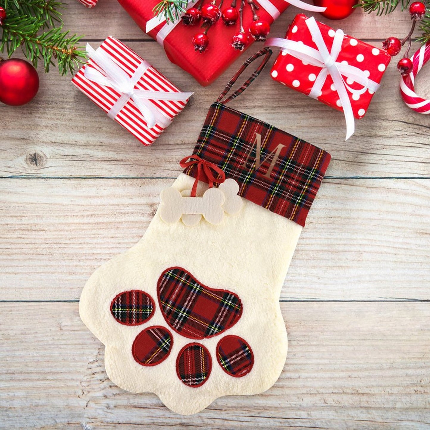 Pet Cat Dog Claw Christmas Stocking - Letter M