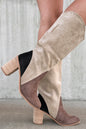 Coffee Suede Calf Length Chunky Heel Boots