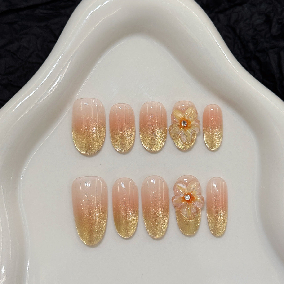 365nails: "Gilded Bloom" – 3D Floral & Glitter Ombré Handmade Medium Almond Nails