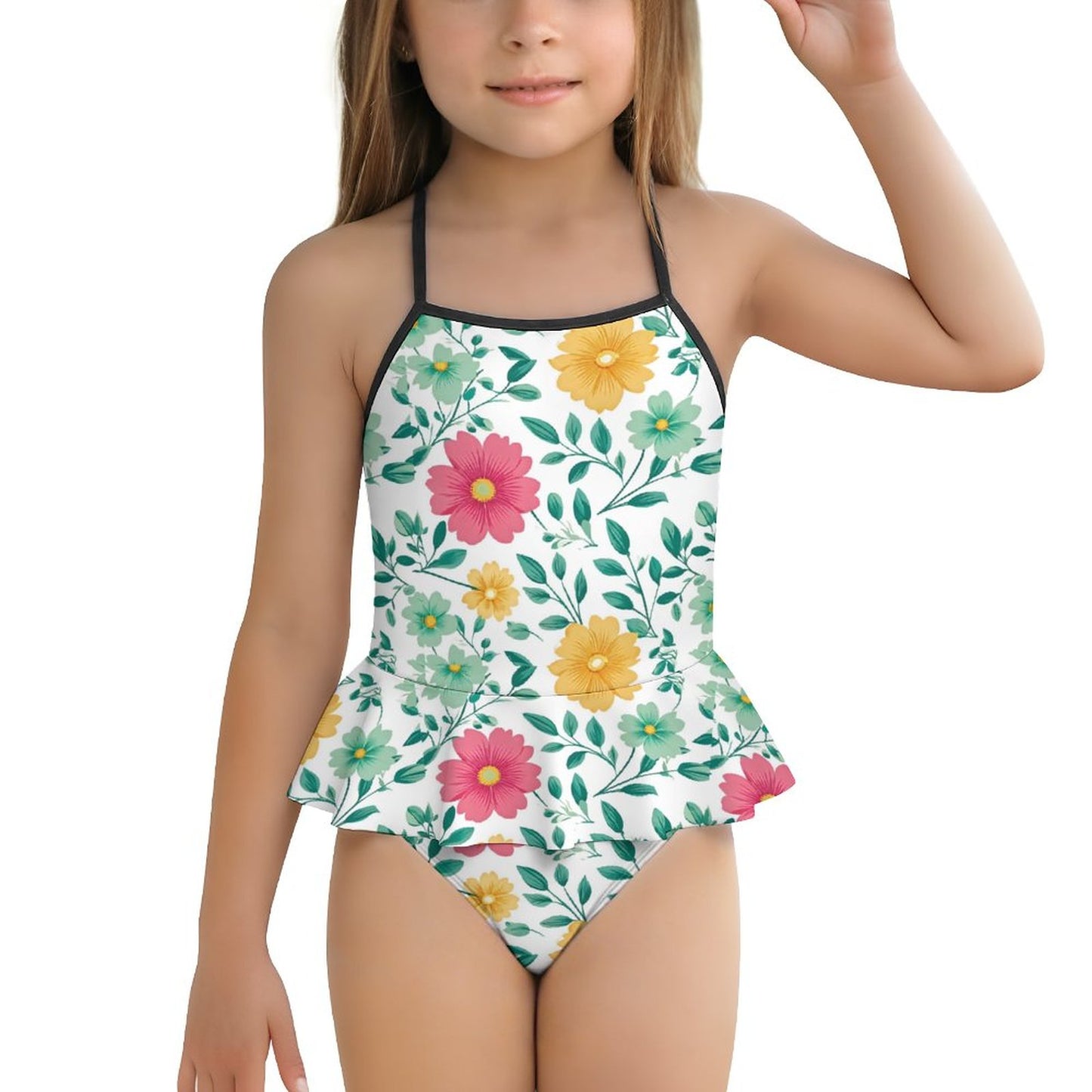 Girls One Piece Ruffle Strap Swimsuit Flowers