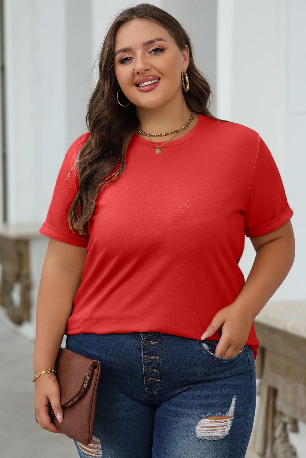Dearlove Red Casual Plain Crew Neck Tee