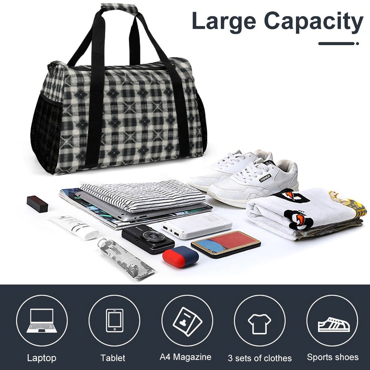 Travel Duffel Bag - Black and White