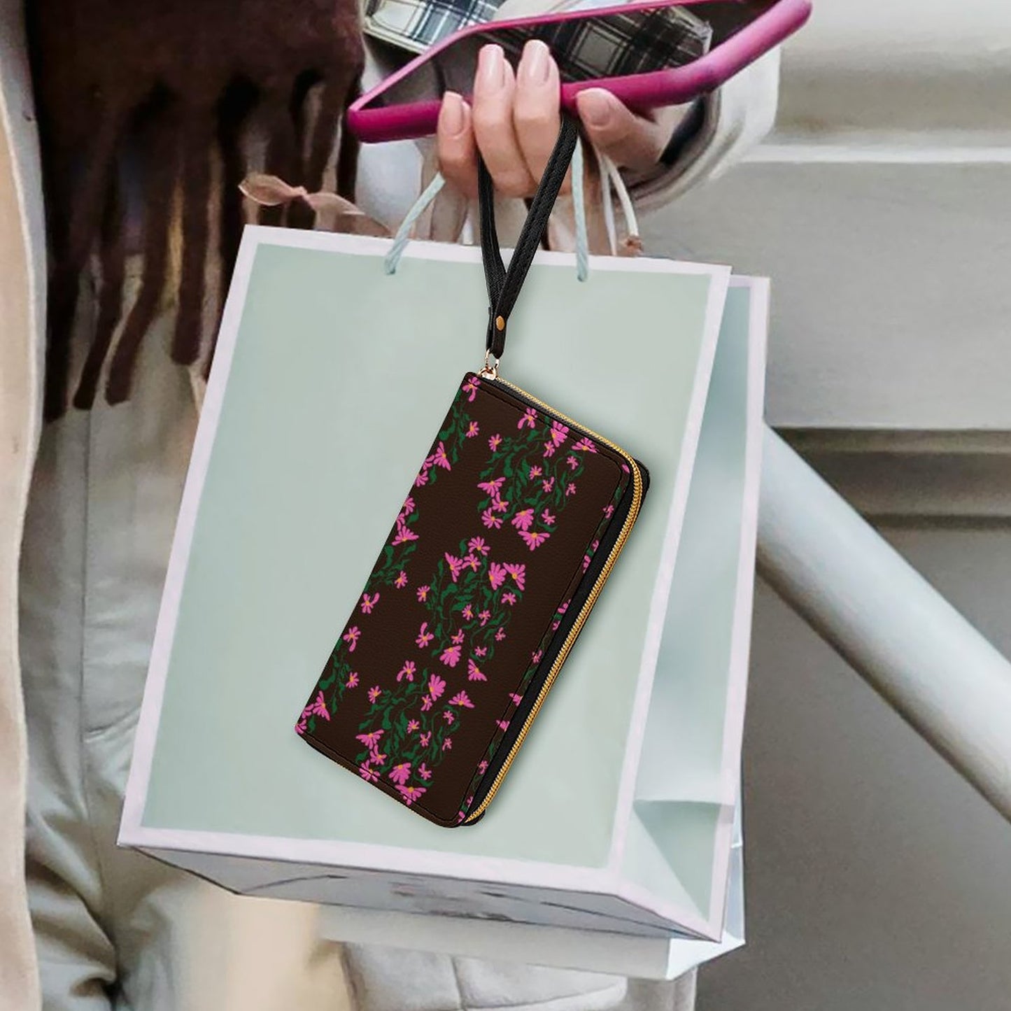 Leather Wallet with Wristlet Strap (2 Pictures on 2 Sides)