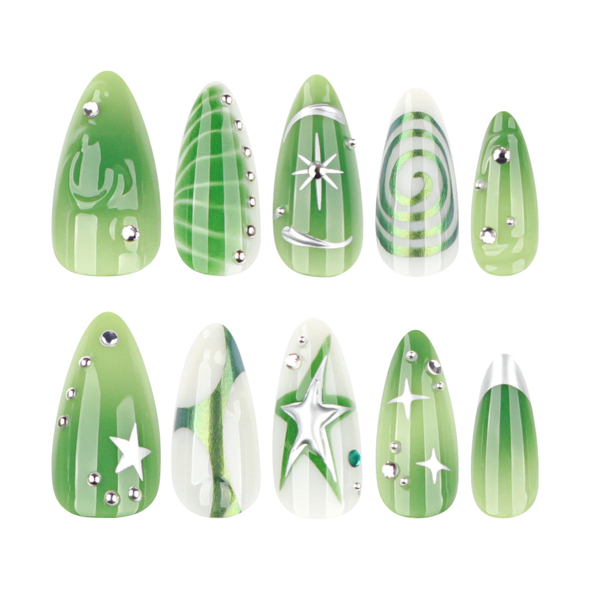 3D green smudged y2k short almonds press-on nails – Image 5