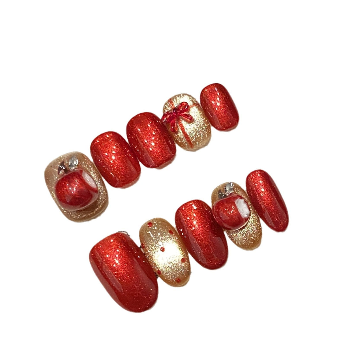 Red & Gold Christmas Press‑On Nails – Gift Box and Ornament Design – Image 4