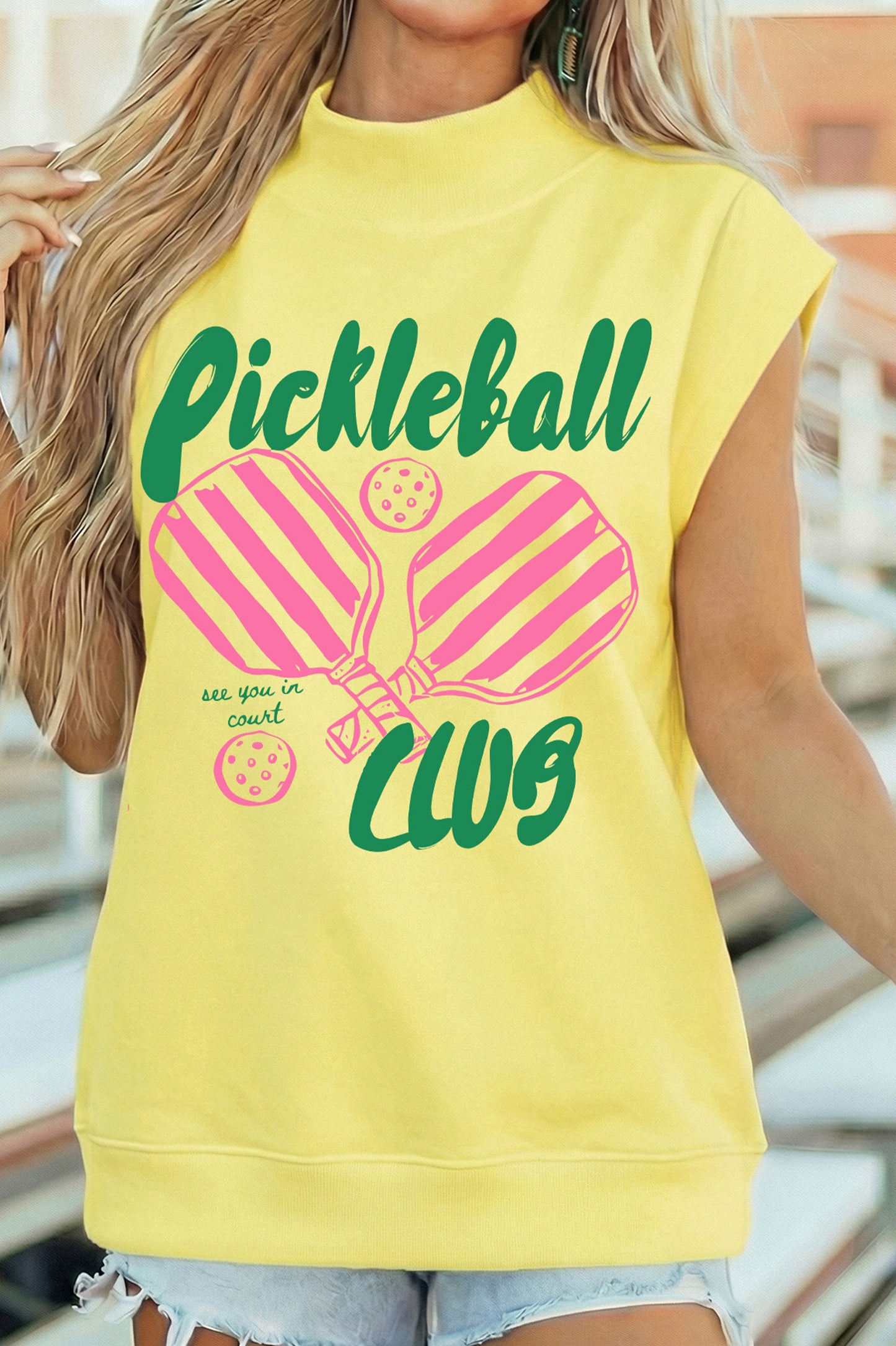 Yellow Pickleball Club Game Day Graphic Mock Neck Top