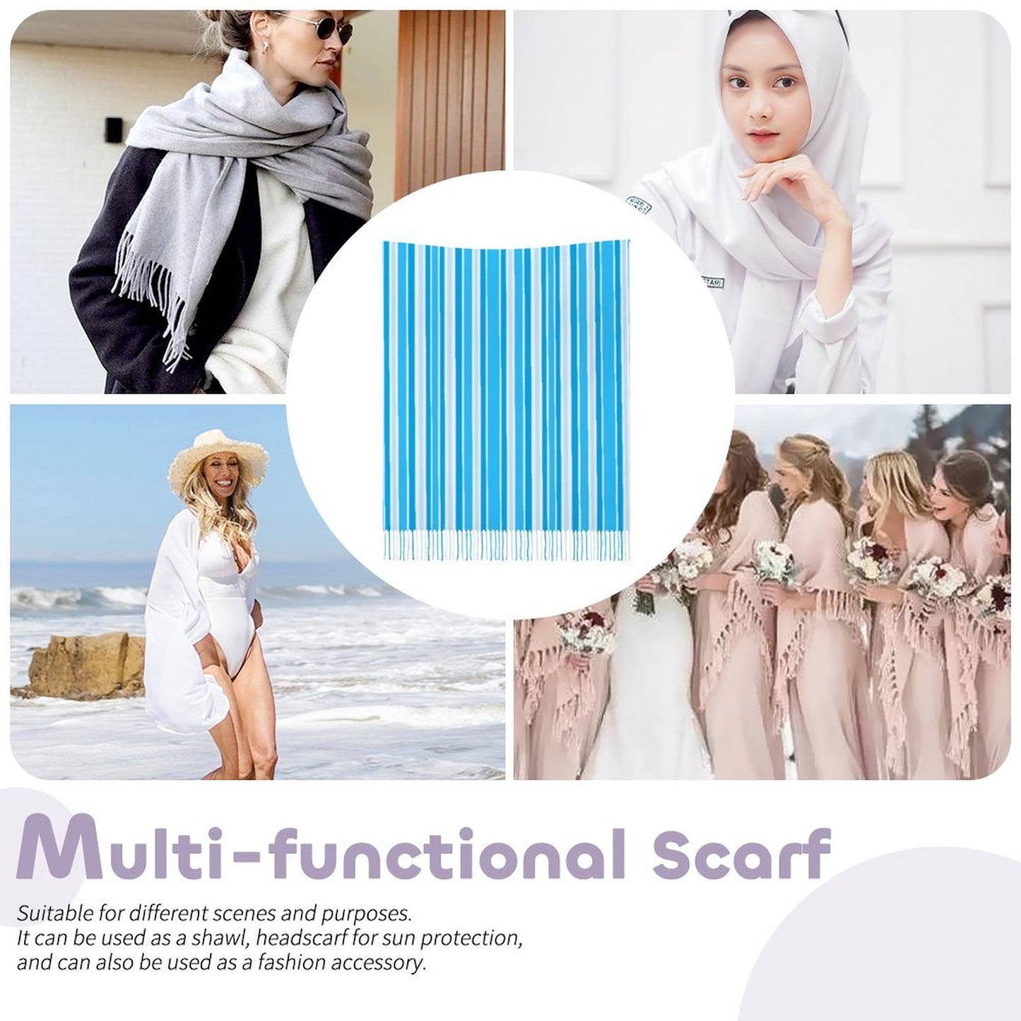 Cashmere-like Tassel Scarf Blue Stripes