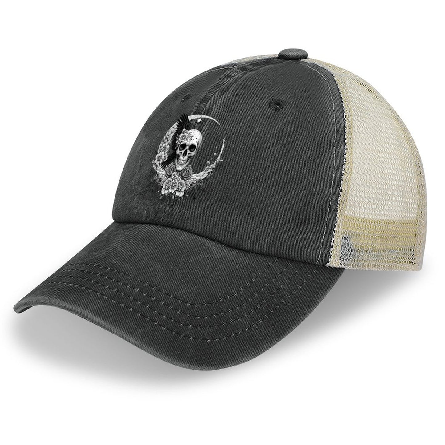 Cotton Trucker Hat for Casual Style - Skull and Roses