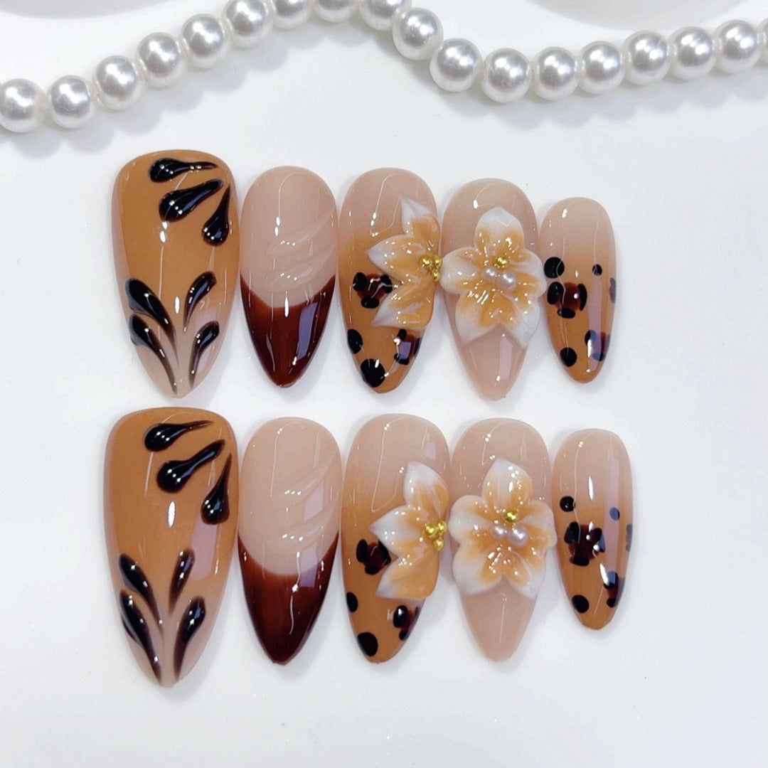 Amber Bloom: "Leopard & Flower" – Long Almond Handmade Press On Nails