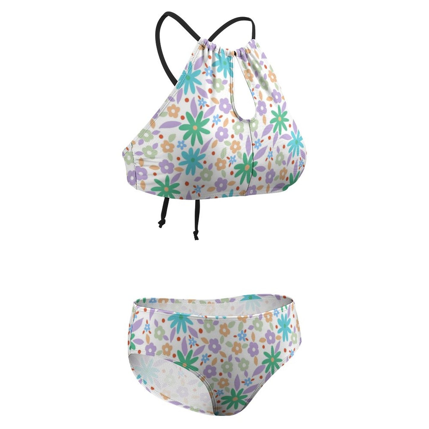 Women's Two piece Swimsuit with High Neck Halter Top Super Cute Flowers
