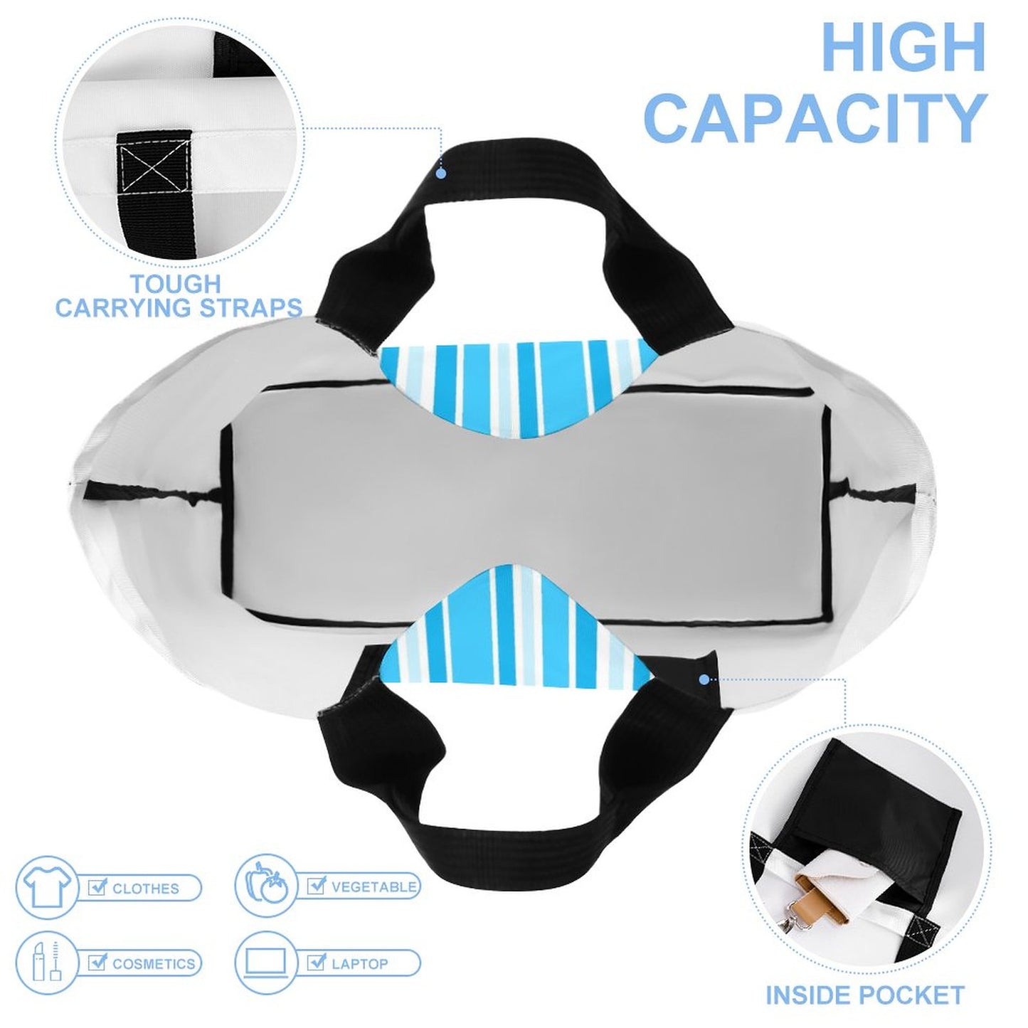 Large One Shoulder Shopping Bag Blue Stripes