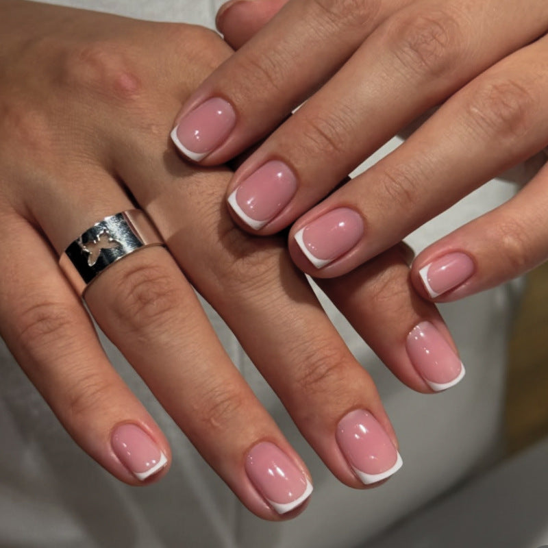 Classic French white edge wearing nail piece Short square nail piece Simple press on nails Fake nails