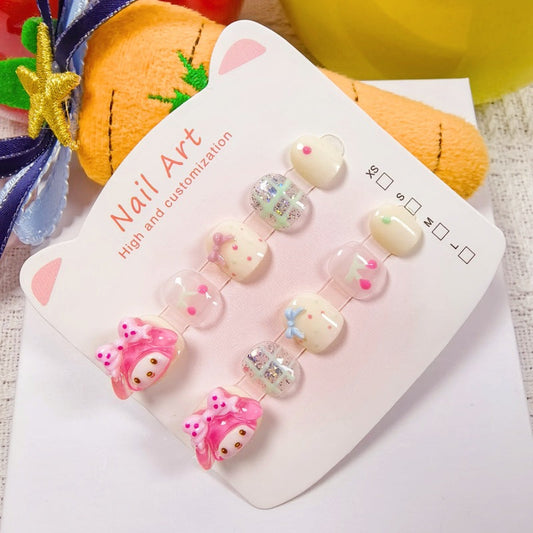 Melody Pink Cute Kids Press On Nails with Bow Glitter – Image 2