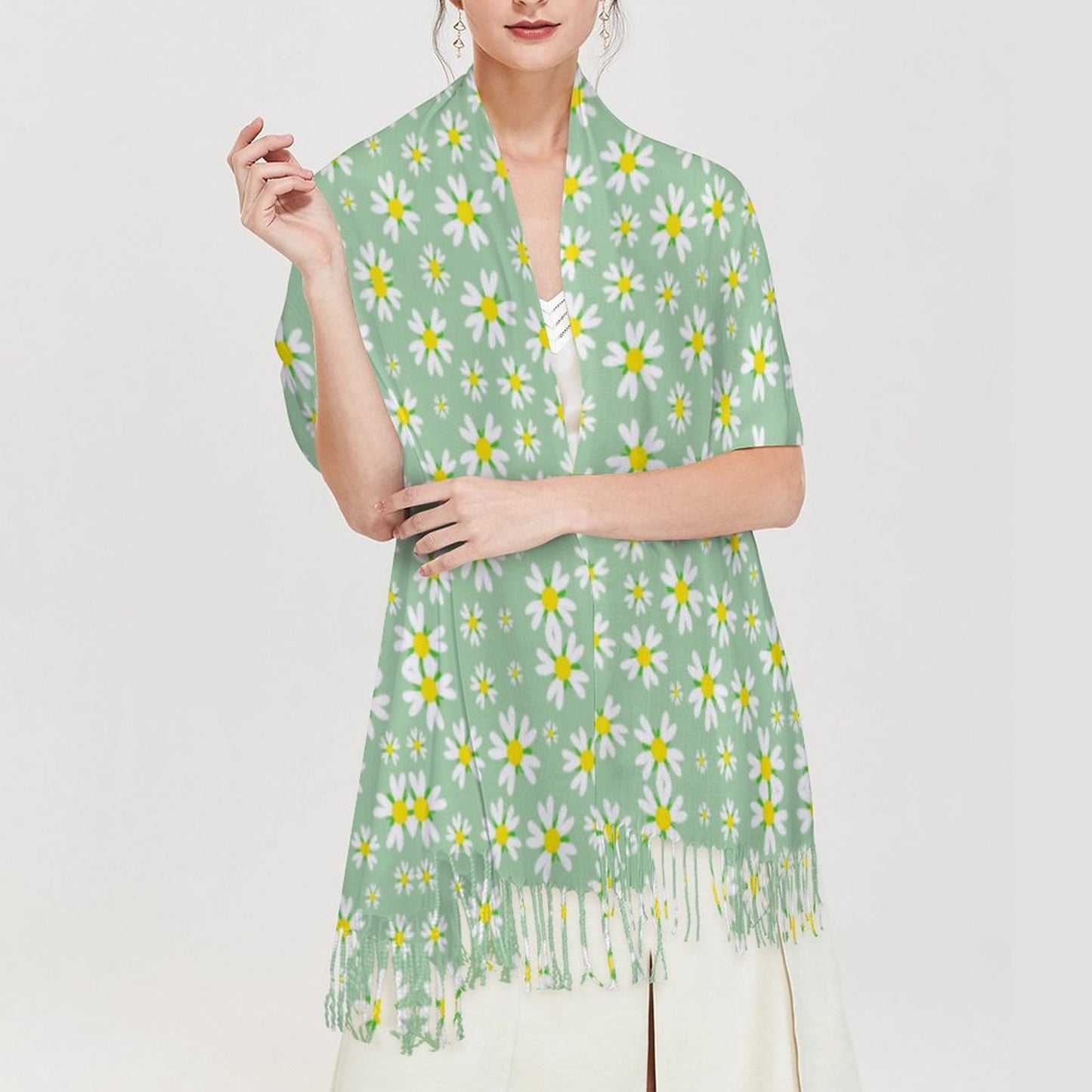 Cashmere-like Tassel Scarf Green Daisy