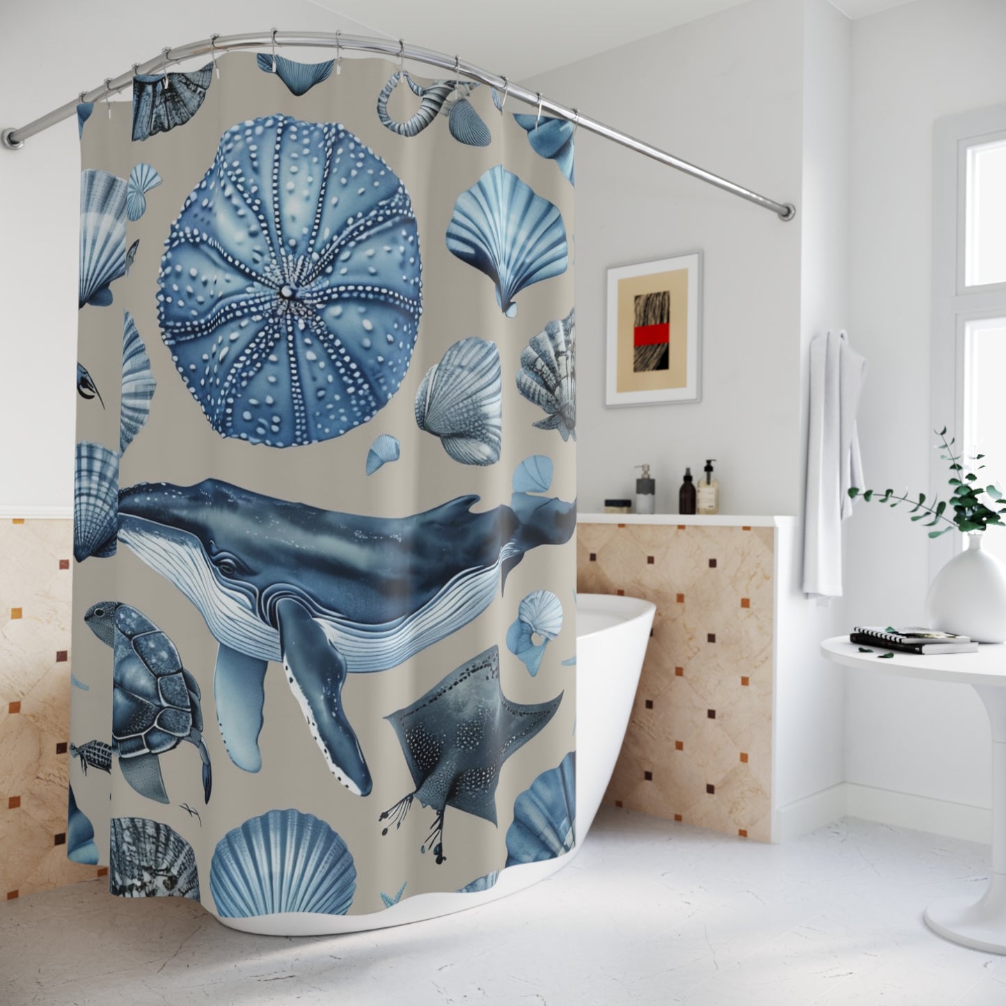 Coastal Blue Sea Life Shower Curtain — Whale, Seashell & Sea Urchin Ocean Bathroom Decor