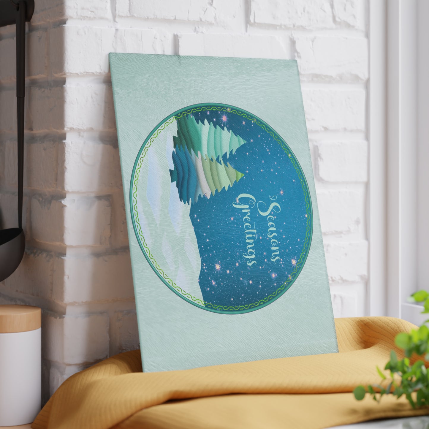 Seasons Greetings Glass Cutting Board – Festive Winter Trees Holiday Kitchen Decor