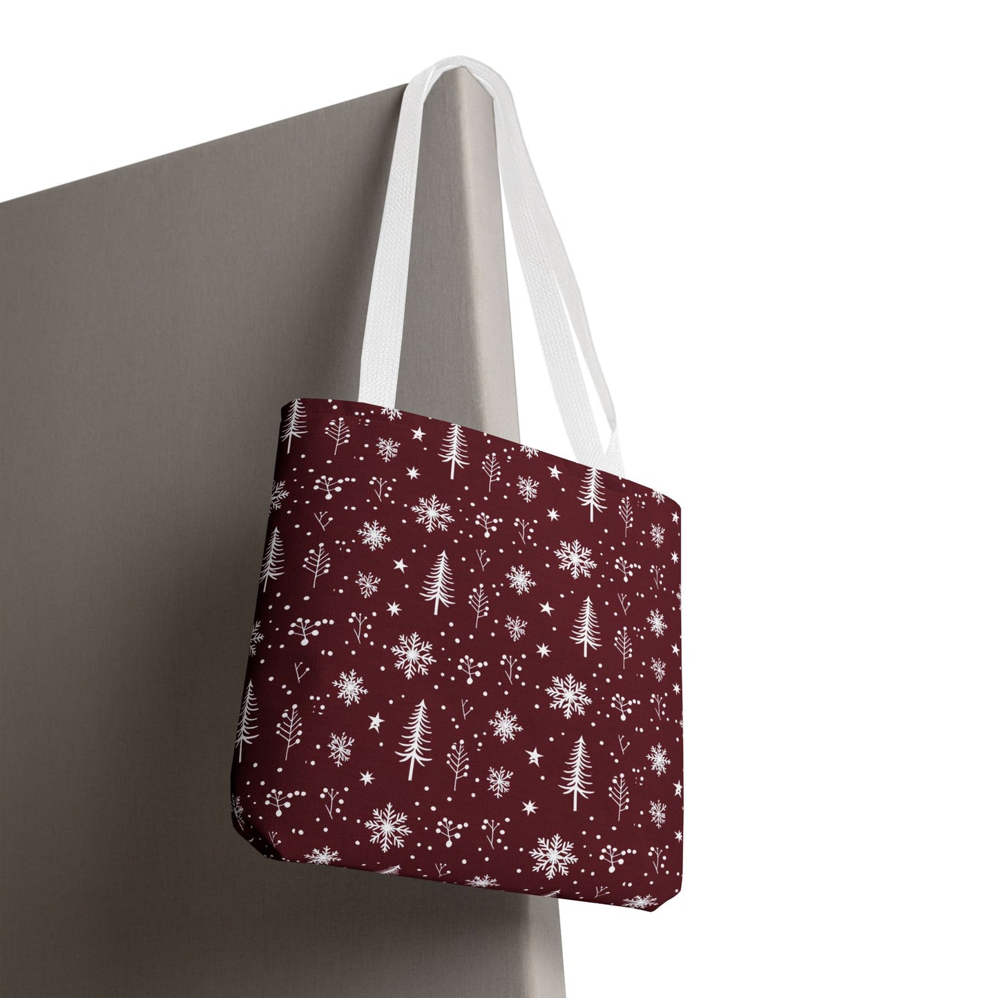 Christmas Snowflake Tote Bag – Burgundy Holiday Patterned Carryall