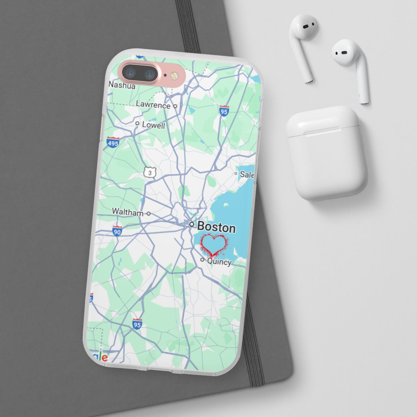 Boston Map Flexi Case for iPhone, Custom Location Phone Case, Unique Gift, Boston Heart Design, Travel Lover Accessory