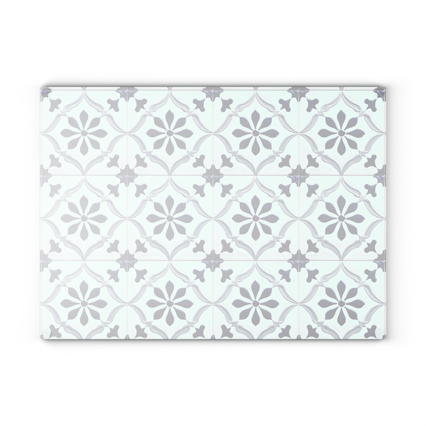 Floral Tile Glass Cutting Board — Blue Patterned Kitchen Trivet