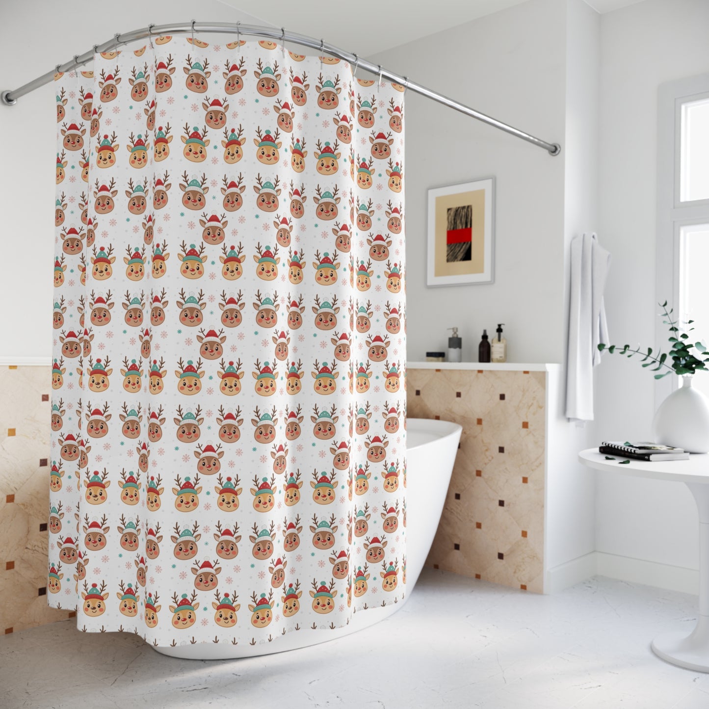 Festive Reindeer Shower Curtain | Holiday Decor, Christmas Gift, Bathroom Accessory, Seasonal Home Decor, Cute Shower Curtain