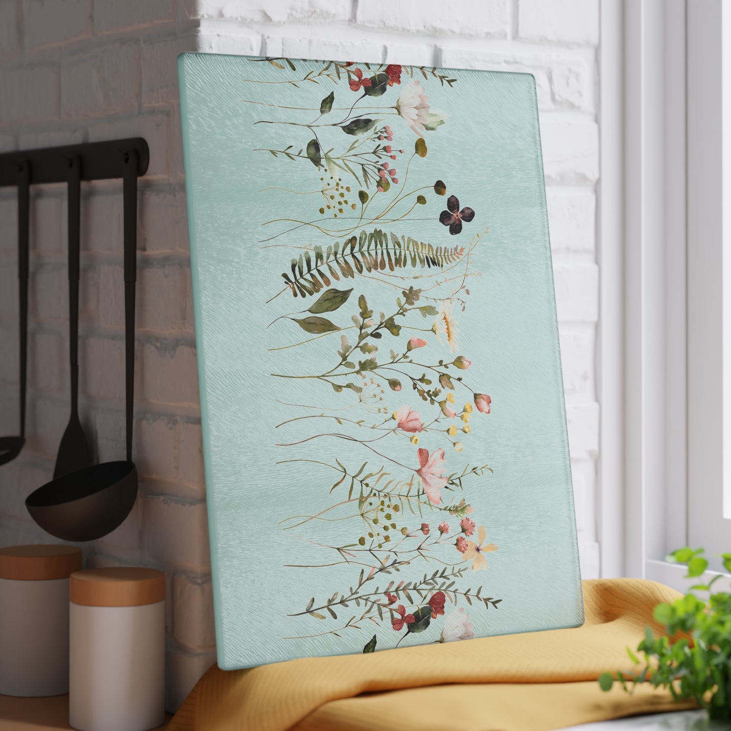 Floral Meadow Glass Cutting Board — Mint Wildflower Kitchen Prep Board