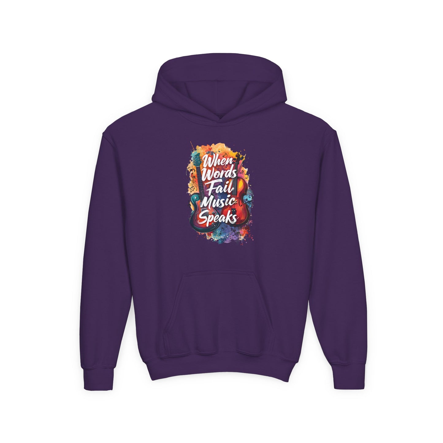 Youth Hoodie — "When Words Fail Music Speaks" Colorful Watercolor Design