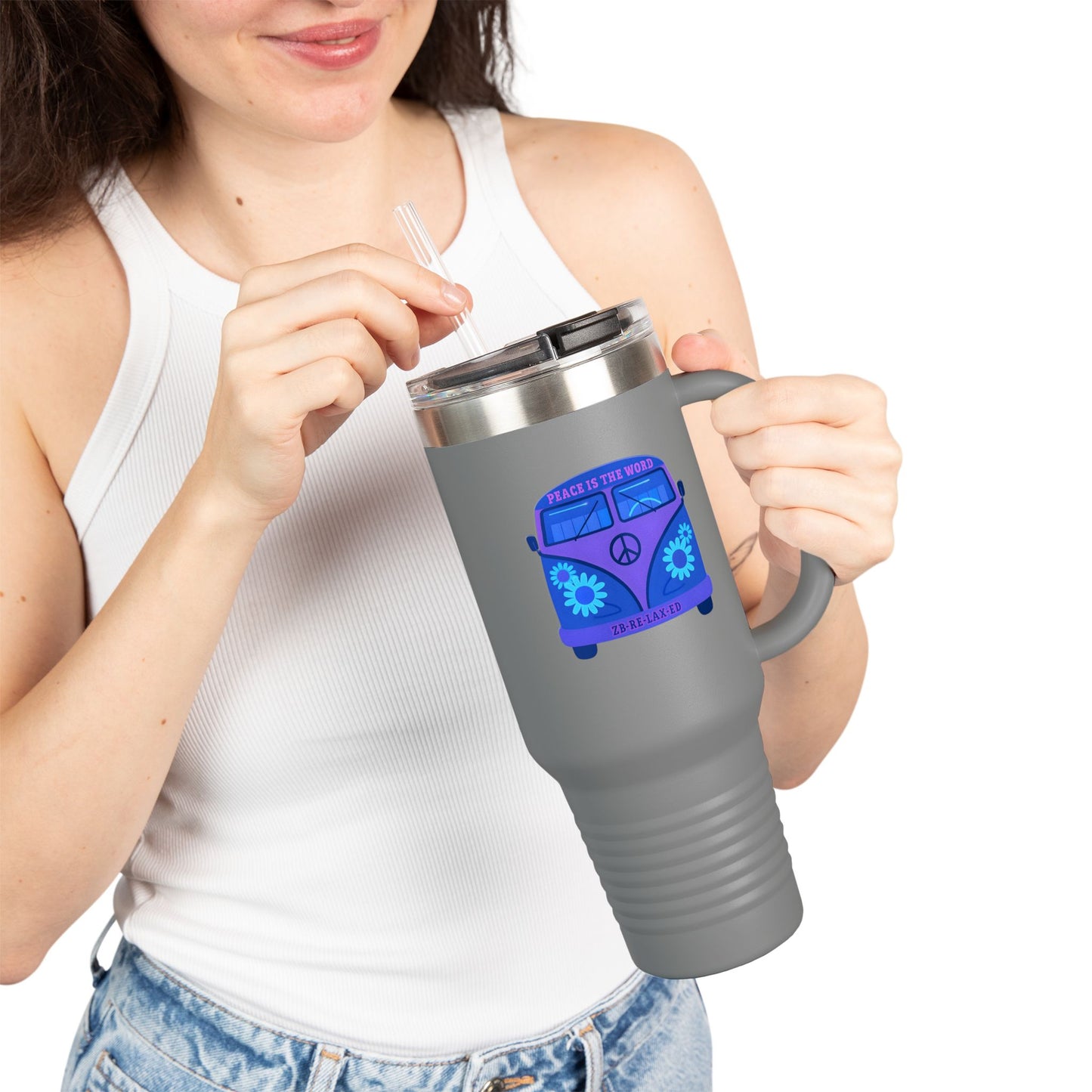 Peaceful Vibes Insulated Travel Mug | 40oz Cooler, Eco-Friendly Drinkware, Unique Gift for Travelers, Road Trip Essential, Custom Cup