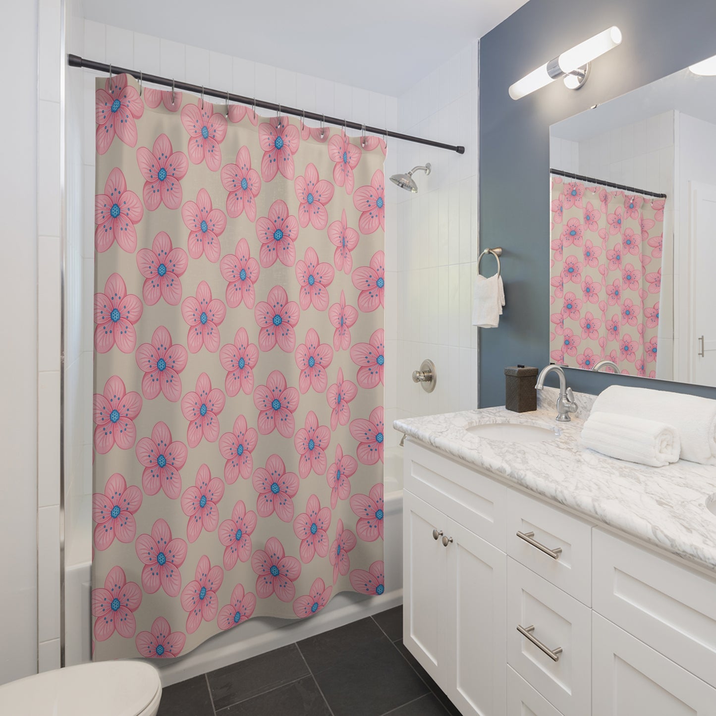Floral Print Shower Curtain, Bathroom Decor, Spring Theme, Pink Flower Design, Home Accessories, Gift for Her